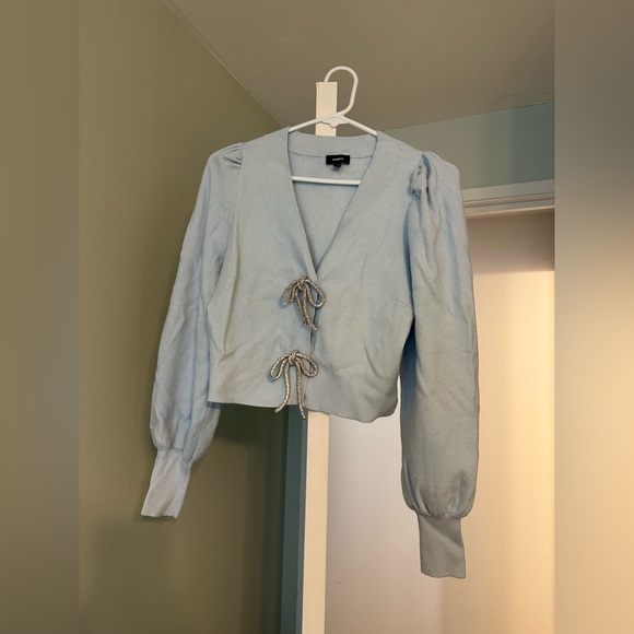 Express Sweaters - Light Blue V-Neck Cardigan with Crystal Bows